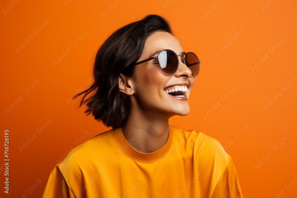Portrait of a cheerful woman in her 40s wearing a trendy sunglasses against a soft orange background. AI Generation Portrait of a cheerful woman in her 40s wearing a trendy sunglasses against a soft orange background. AI Generation