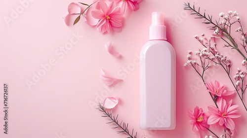 Elevate your beauty routine with our pastel pink product featuring an aesthetic bottle layout. Experience a healthy and caring cosmetic background. Generative AI