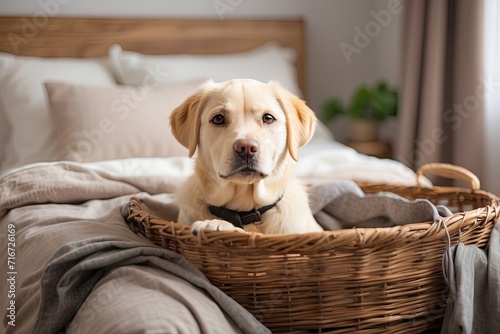 a blonde short haired labrador waking up in his basket generative ai
