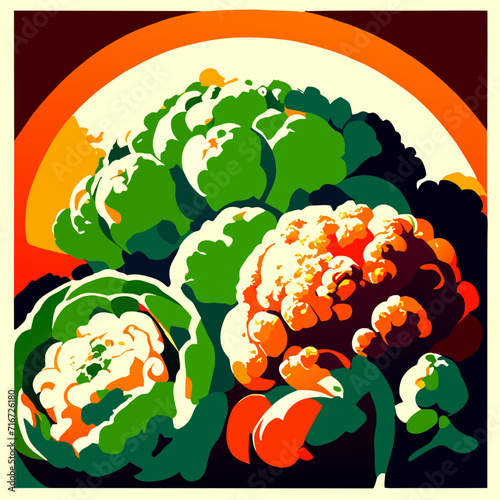 Illustration of a group of cauliflower and tomatoes in a retro style Generative AI