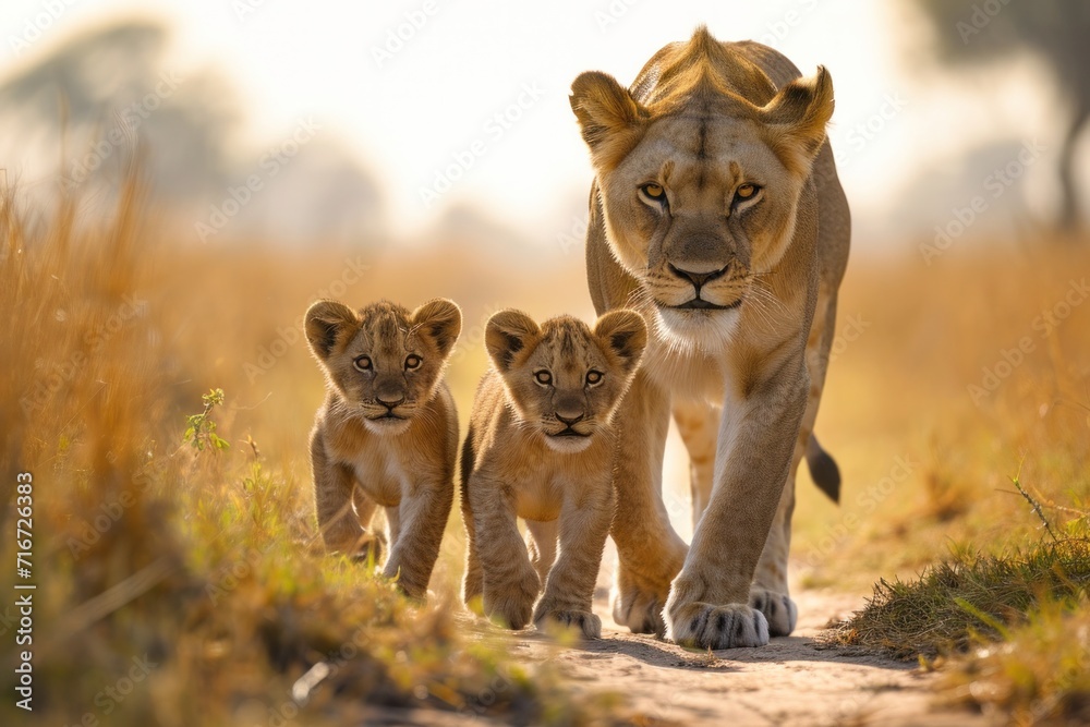 A mother lion and her cubs are walking towards the camera. t A mother lion and her cubs are walking towards the camera. t