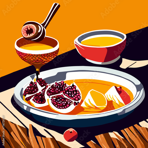 Illustration of a traditional Turkish dessert in a plate with honey and ice cream Generative AI