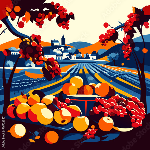 Illustration of autumn landscape in the style of a pop art. AI Generated