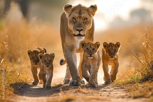 A mother lion and her cubs are walking towards the camera. t photo