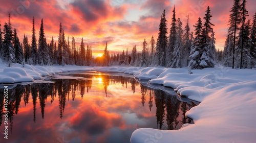 sunset scenery in winter at a river