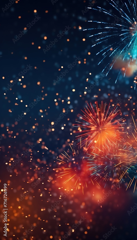 Abstract colorful firework background with copy space for text. Fireworks on dark background.