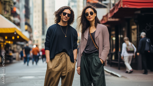 Stylish young couple walking confidently on city street photo