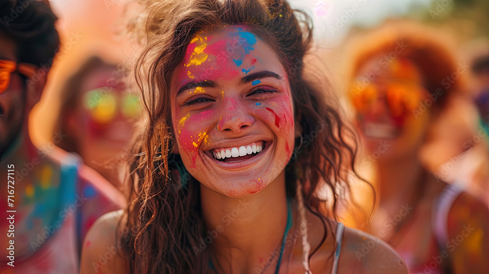A group of people talking and laughing during the Holi holiday A group of people talking and laughing during the Holi holiday