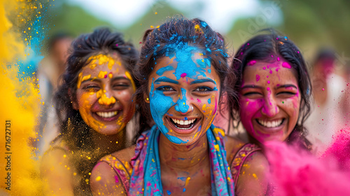 A group of friends joyfully playing Holi  surrounded by clouds of colorful paint