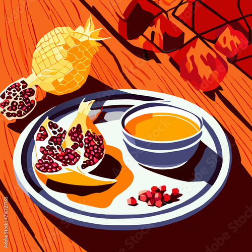 Pomegranate and honey on a wooden table. Vector illustration. generative AI