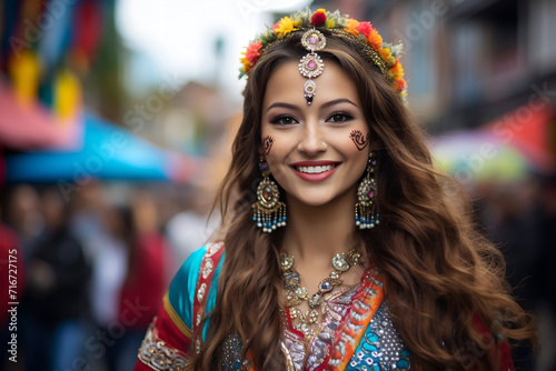 Portrait of a beautiful young brunette woman with long curly hair wearing indian costume.