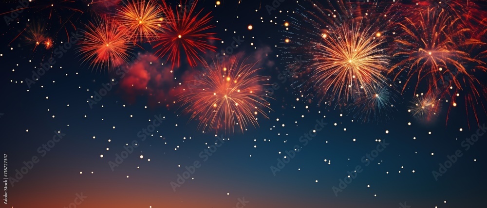 Colourful fireworks with bokeh lights. Fireworks on dark background. Isolated fireworks.