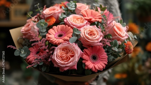 bouquet of pink roses and gerberas