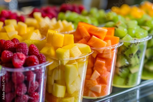 Assorted fresh fruit cups with raspberries, mango, melon, grapes, and kiwi on display.