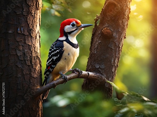 Immerse yourself in the world of a woodpecker with this full HD photo generative ai