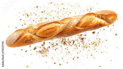 Baguette bread with falling crumbs isolated on transparent background Remove png, Clipping Path, pen tool, white photo
