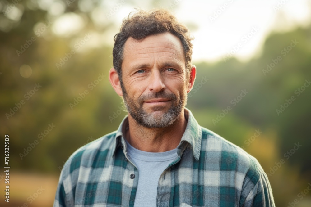 Portrait of a tender man in his 40s wearing a comfy flannel shirt against a soft teal background. AI Generation Portrait of a tender man in his 40s wearing a comfy flannel shirt against a soft teal background. AI Generation