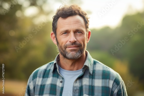 Portrait of a tender man in his 40s wearing a comfy flannel shirt against a soft teal background. AI Generation