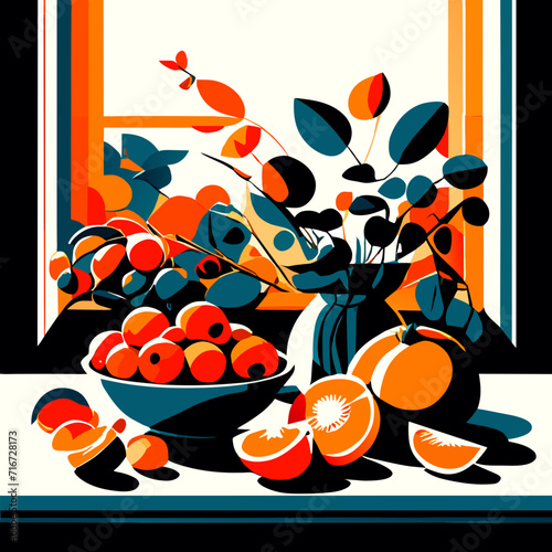 Illustration of a still life with a bowl of cherries and oranges AI Generated
