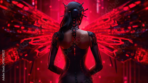 a butterfly inspired dangerous red cyborg lady from behind, wallpaper artwork