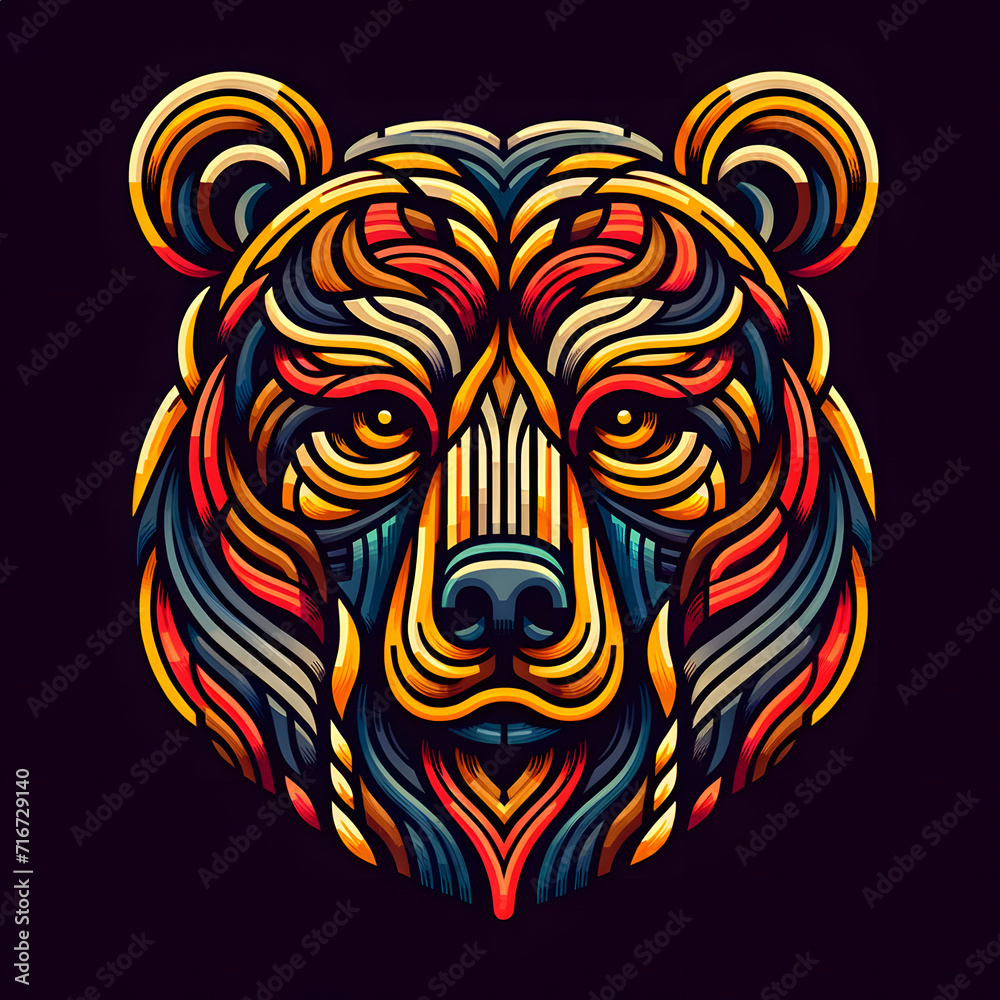 a vibrant and colorful depiction of a bear's face, illustrated in a style that is highly stylised and ornate