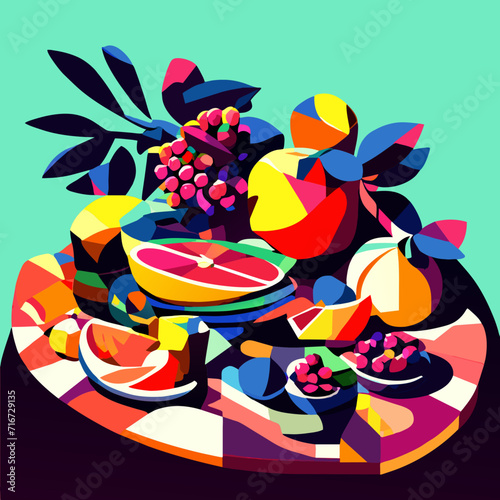 Colorful fruits and berries on the table. Vector illustration in flat style AI generated