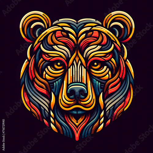 a vibrant and colorful depiction of a bear's face, illustrated in a style that is highly stylised and ornate