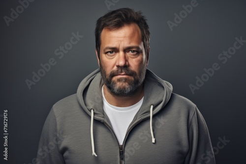Portrait of a tender man in his 40s sporting a comfortable hoodie against a soft gray background. AI Generation