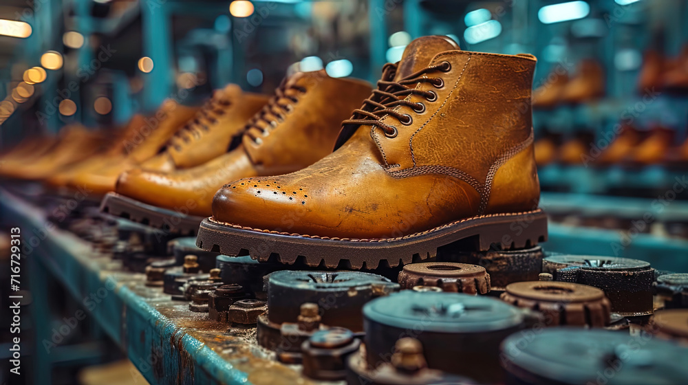 The process assembling packaging new shoes in the factory The process assembling packaging new shoes in the factory