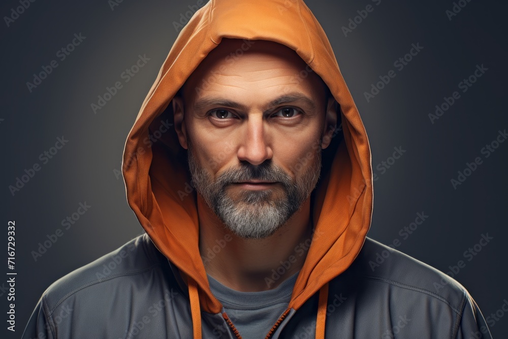Portrait of a tender man in his 40s sporting a comfortable hoodie against a soft gray background. AI Generation Portrait of a tender man in his 40s sporting a comfortable hoodie against a soft gray background. AI Generation