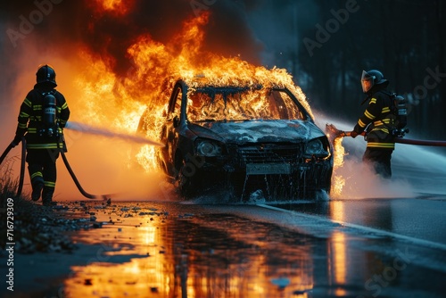 Firefighters extinguish a fire in a car after a car accident photo