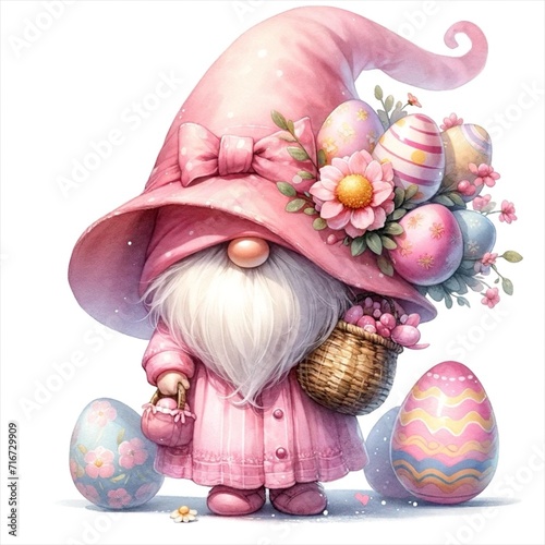 An illustration of a gnome with its hat covering its face, with a big Easter egg bouquet, rendered in watercolor style.