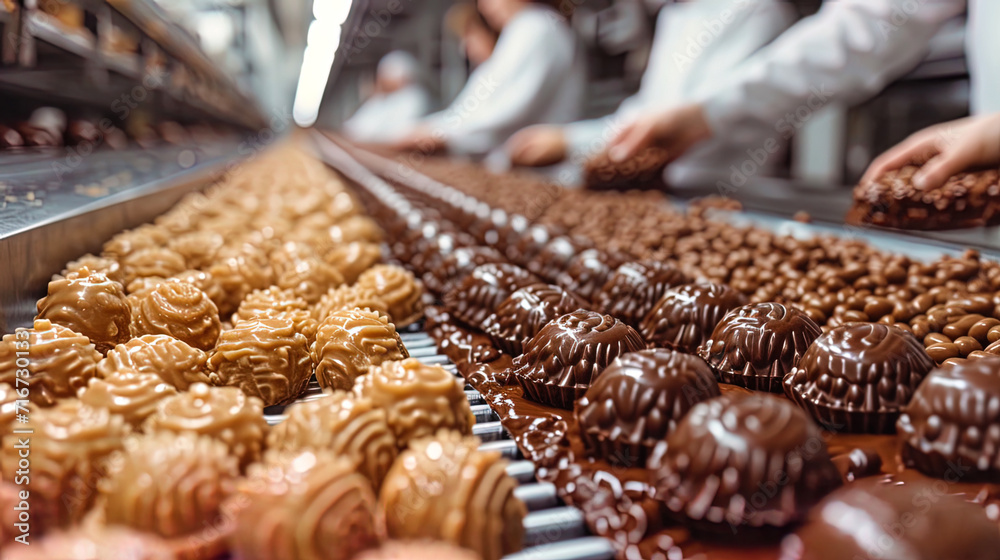 Workers on the conveyor where chocolate sweets are covered with layers of various fillings