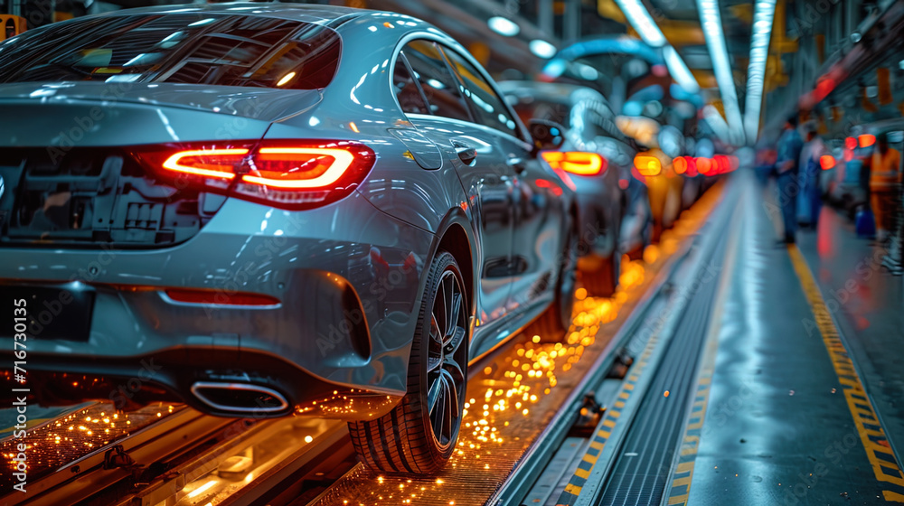 Workers on the conveyor, collecting and packing new cars of cars