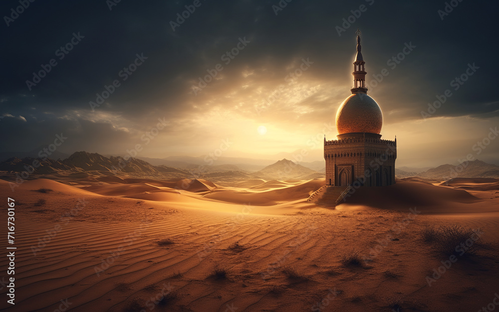 Sunset over desert with mosque in the foreground