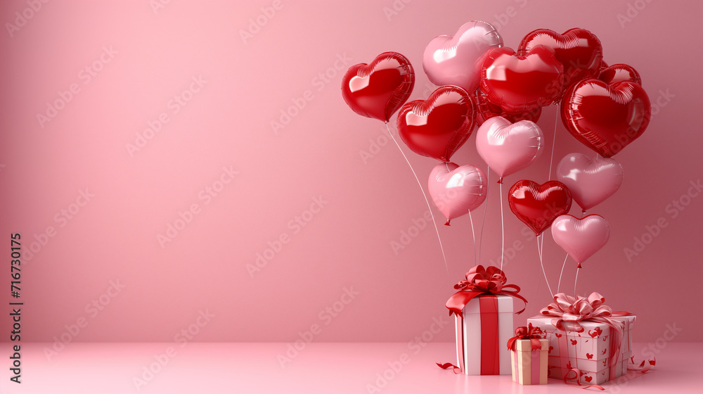 Valentine‘s day background with red and pink hearts like balloons on pink background flat lay top view love and romance concept illustration for lady romance in love balloon party. Wedding card.