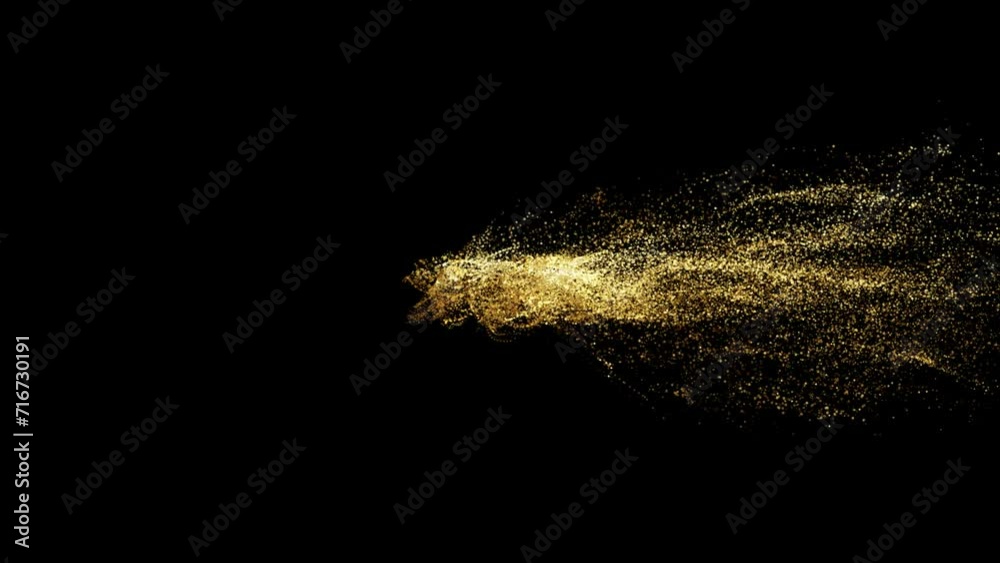 20K realistic 3d gold particle text with dust effect on black background. Fill letters with golden particles