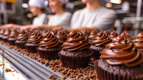 Workers on conveyor with chocolate cupcakes ready for packaging © JVLMediaUHD