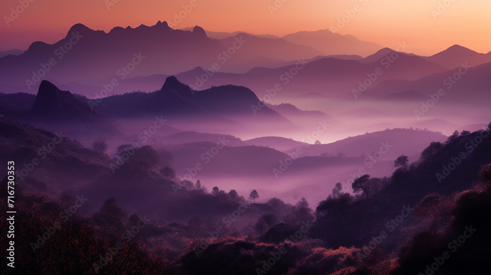 Purple Foggy Mountains at sunrise. Nature Background
