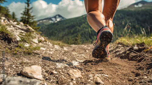 Male feet run through rocky terrain. Cross country running with focus on legs photo