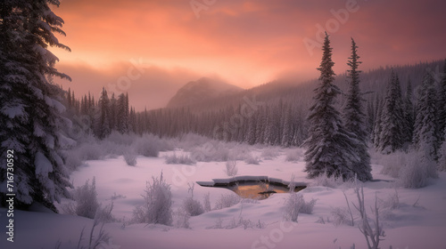 Winter time in forest lake. Evergreen wood at mountains