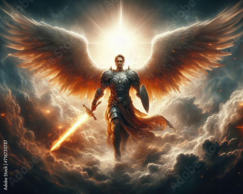 Warrior angel with wings and sword in heaven