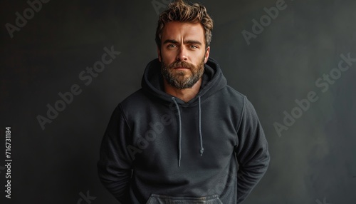 Bearded man wearing a black hoodie, whole body pose, mock-up, masculine dark interior, daylight., attractive face, smile expression. Mock-up of black hoodie wiith copy space for your text or logo. © radekcho