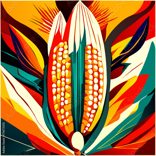 Illustration of a corn on a bright background with a pattern. Generative AI