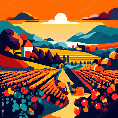 Tuscany landscape vector illustration. Vineyards in Tuscany, Italy. Generative AI