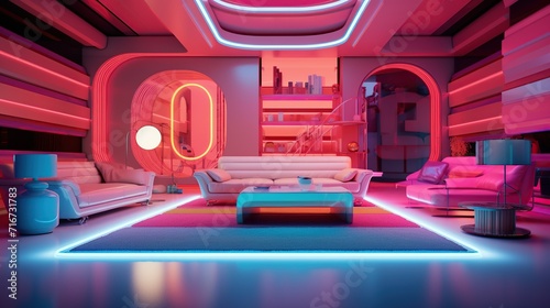 House interior room with neon color lighting. Futuristic interior design concept. Created with Generative AI
