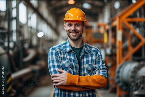 Portrait of a happy male engineer standing with arms crossed in a factory
