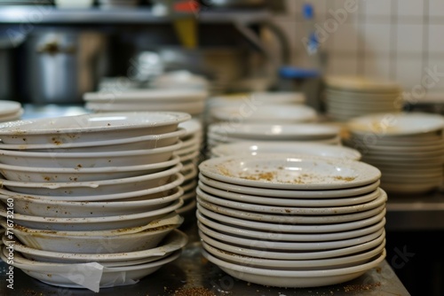 lots of dirty white plates in restaurant