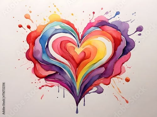 Valentine's Day Colorful Rainbow Splash Heart Shaped Love Watercolor Ink Illustration Background. Generative AI
