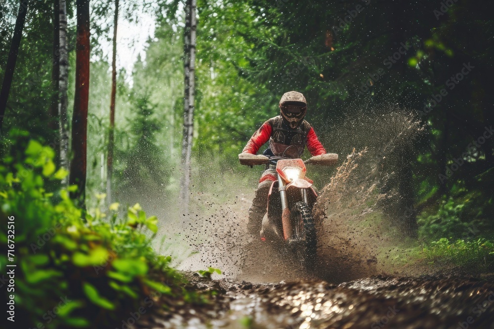 Motocross rider on the forest road. Extreme enduro race. Motocross. Enduro. Extreme sport concept.